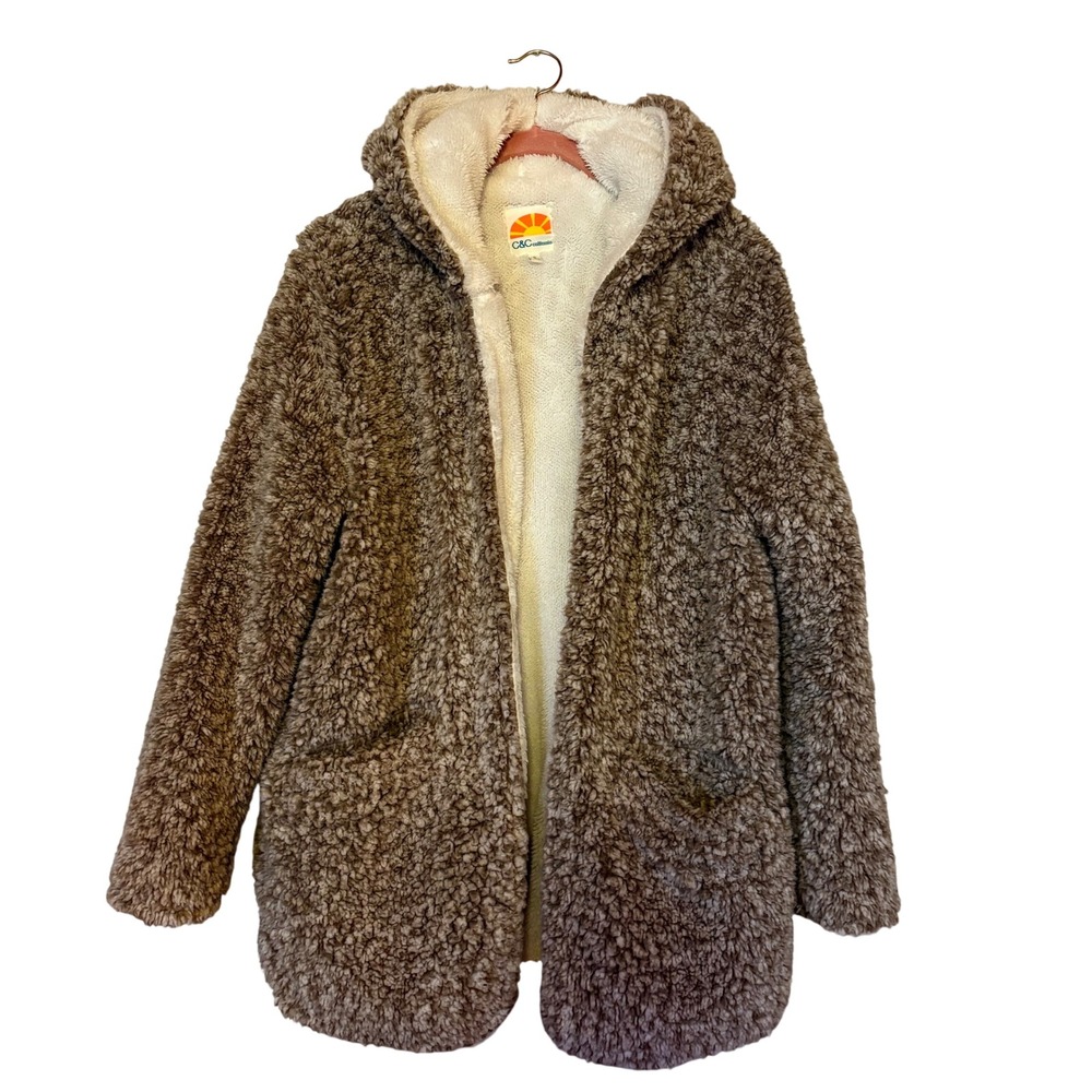 C&C California Women's Size S Cozy‎ Sherpa Hooded Cardigan Jacket Brown